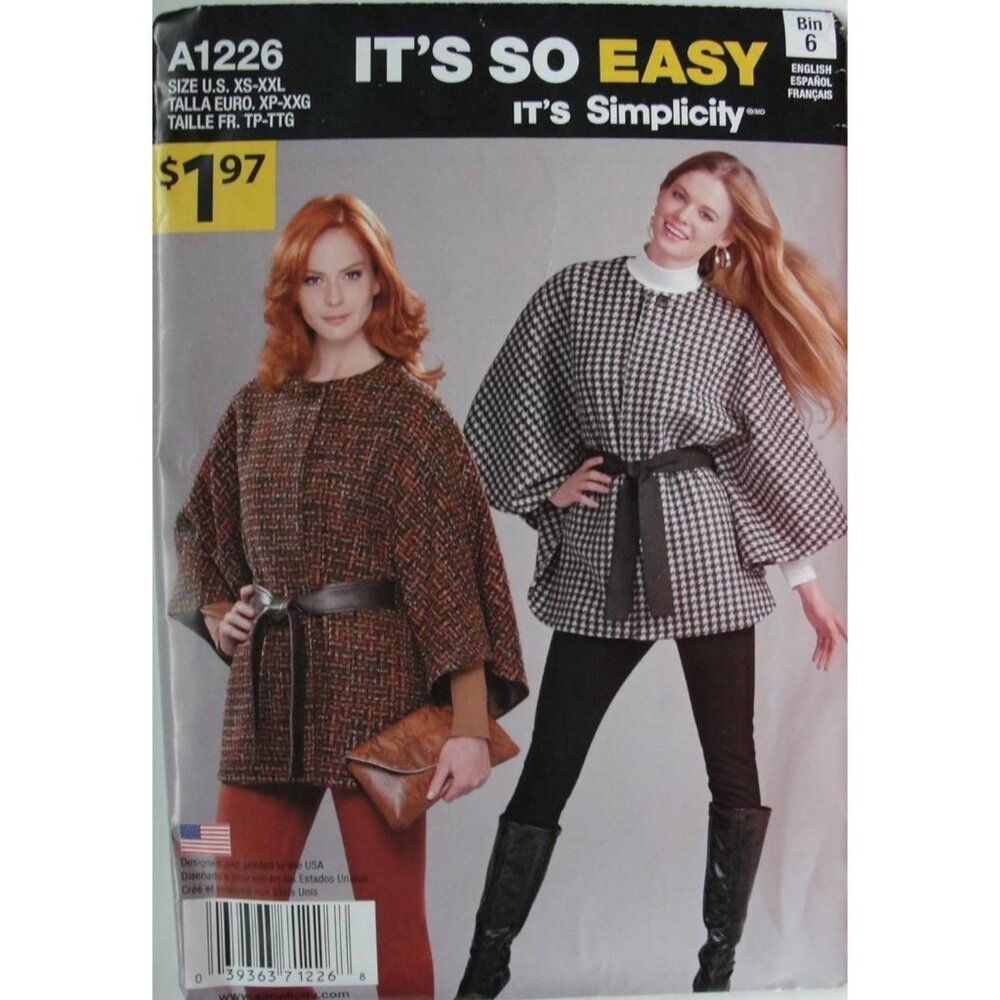 Simplicity Sewing Pattern 1226 Cape Poncho Misses Size XS-XXL